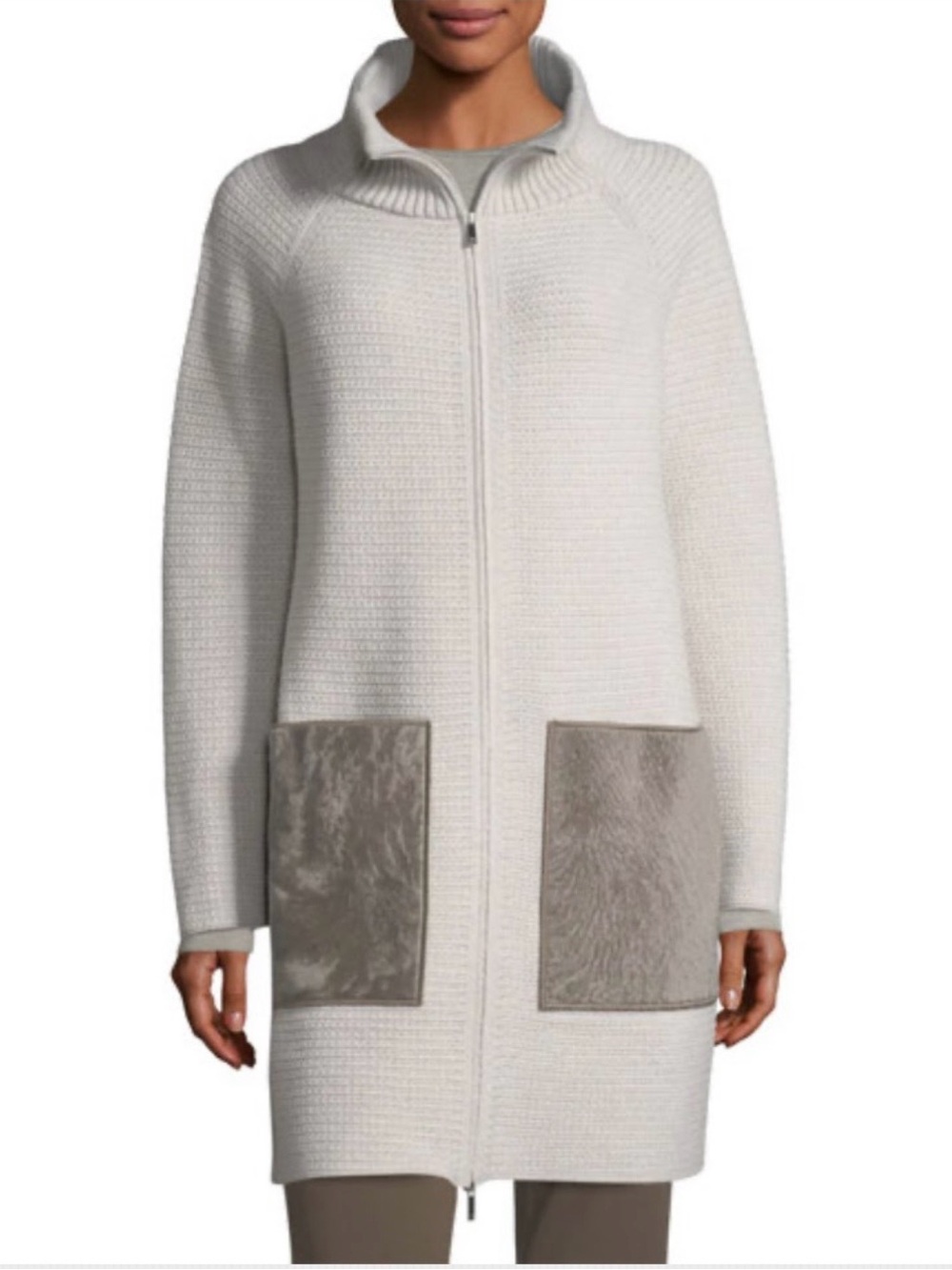 Lafayette 148 New York herringbone stitch cardigan w/ genuine Shearling pockets